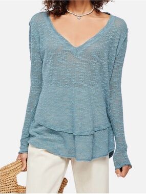 We The Free Teal V-Neck Relaxed Knit Sweater